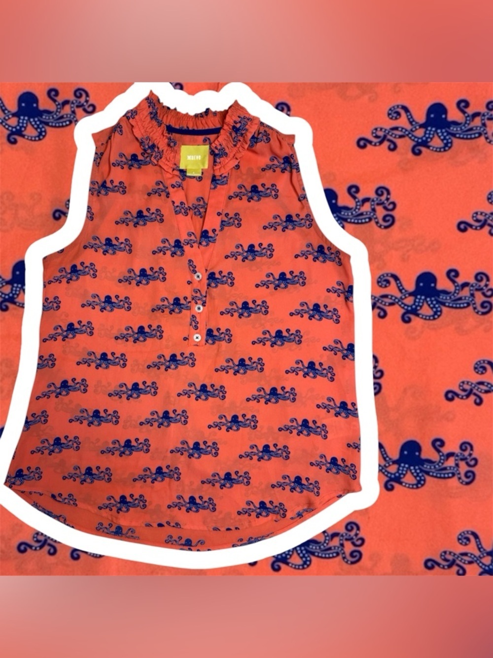 Anthropologie Maeve Orange Sleeveless Blouse Blue Octopus Print Ruffle Collar 2